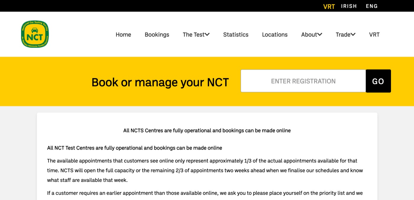 NCTS Bookings page with the Enter registration box