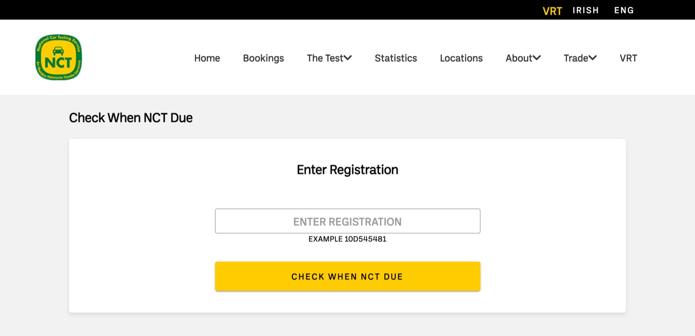 NCTS Check When NCT Due page with the registration box